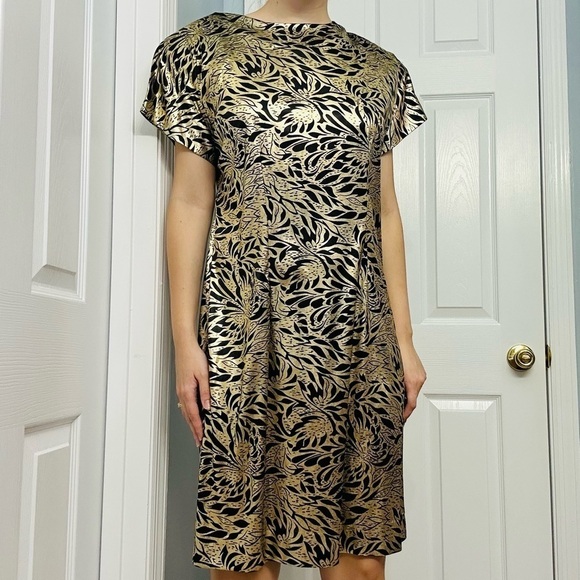 Vintage Diane Von Furstenberg Dress Mini 80s Metallic Gold Black New Years - Picture 6 of 6